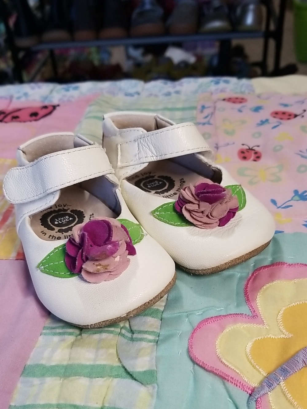 Livie & Luca White Leather Mary Jane Shoes with Purple & Pink Suede Flower 6-12